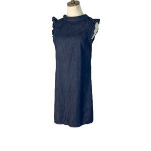 Gap Small Mini Shift Dress Chambray Denim Blue Ruffle Sleeveless Bow Back Cotton